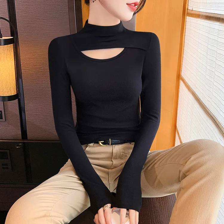 半高领打底衫女镂空长袖毛衣秋冬内搭修身针织螺纹高级感黑色上衣