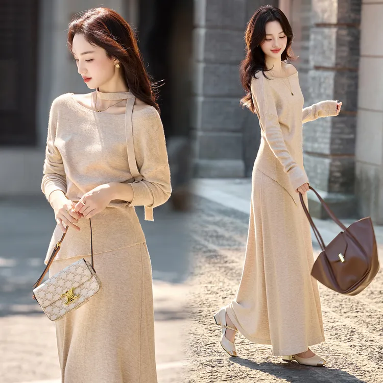 设计感一字肩针织套装裙女2025年春秋新款慵懒风气质半身裙两件套