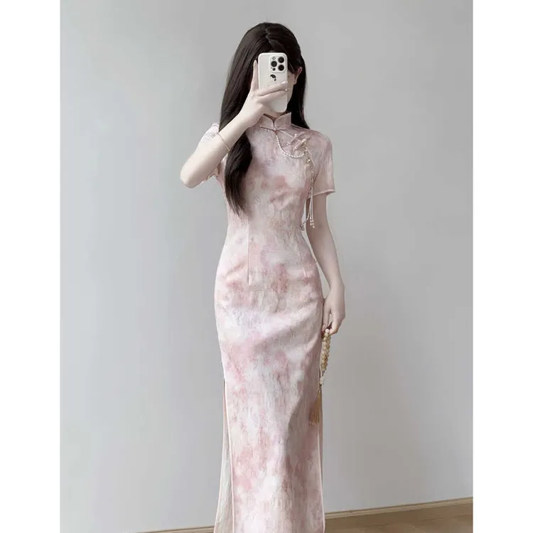 汀玥苓旗袍2025新款日常改良新中式夏季粉色连衣裙修身少女年轻款