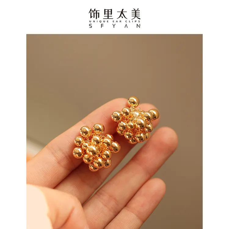 铜合金耳饰 秋冬法式复古金色串珠耳夹无耳洞女高级气质百搭耳饰
