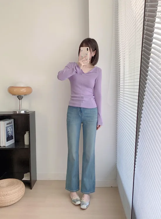 【紫调】2025春季设计感小翻领喇叭袖针织衫百搭打底衫搭配牛仔裤