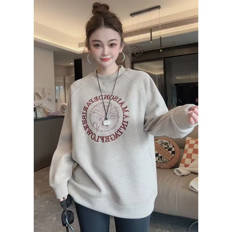 【百合花中长款衣长68cm起】加绒加厚圆领刺绣宽松卫衣  2692