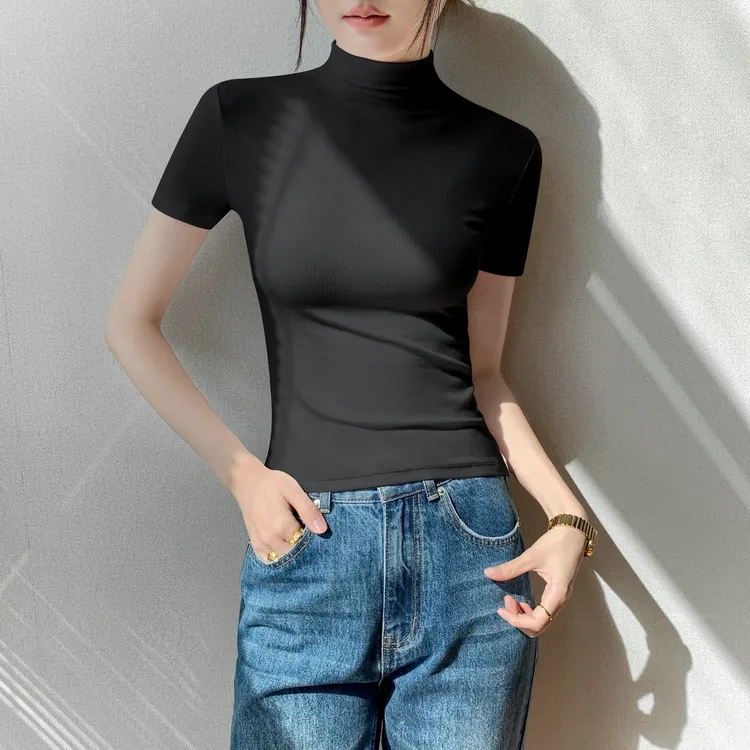 半高领短袖t恤女半袖内搭春夏季2025螺纹时尚修身百搭打底衫上衣