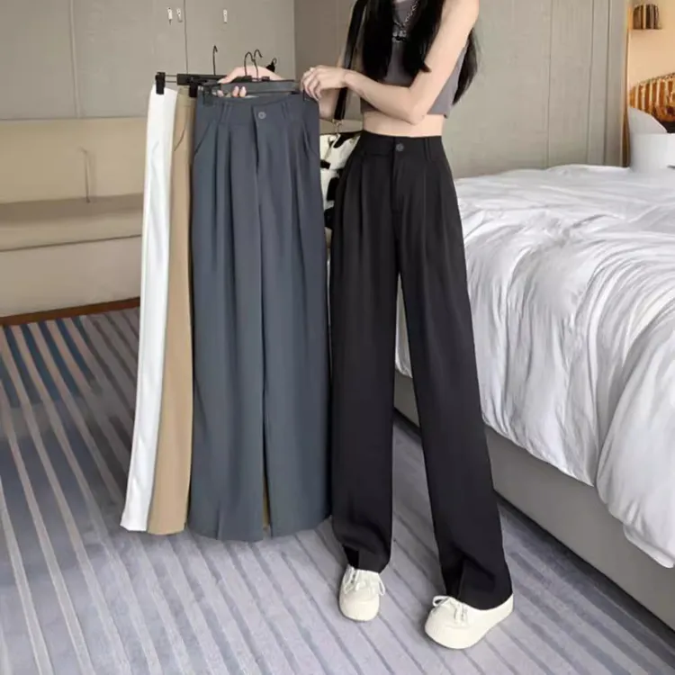 夏季小个子薄款高腰垂感拖地长裤女装直筒裤阔腿西装休闲裤子遮肉