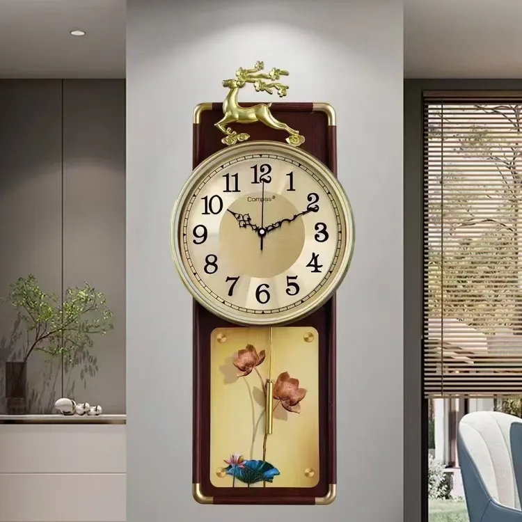 新中式康巴丝静音挂钟客厅装饰大气复古风格木质时尚挂表