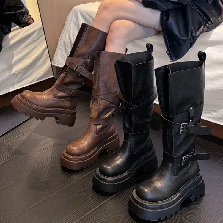 贾不假不过膝靴子女款2025新款秋季气质超火复古百搭皮带扣长筒靴