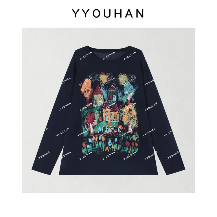 YYOUHAN 2025新款【秋天的画】彩色涂鸦亲肤慵懒风T恤 2508C5030