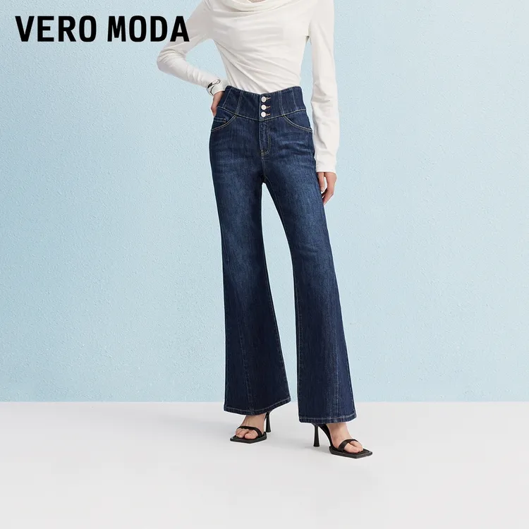 Vero Moda牛仔裤【V字腰封】含棉纽扣百搭高腰流光风325349001
