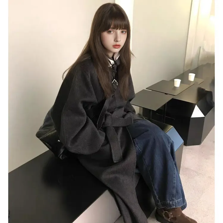 气质高级感翻领呢子大衣冬季新款韩系宽松显瘦灰色毛呢中长款外套