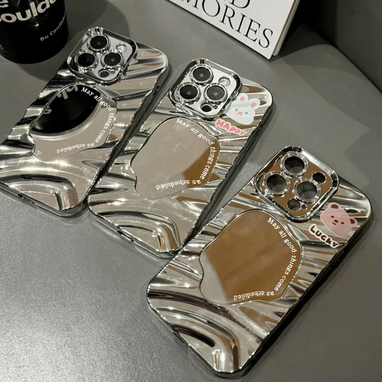 KEWU小熊兔子电镀波纹镜子适用苹果16promax手机壳iphone15/1413