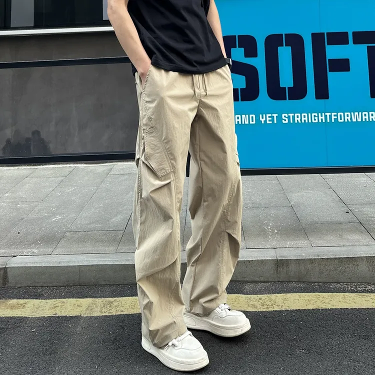 工装裤男士夏季薄款宽松直筒休闲裤男女潮流皱感户外运动速干裤