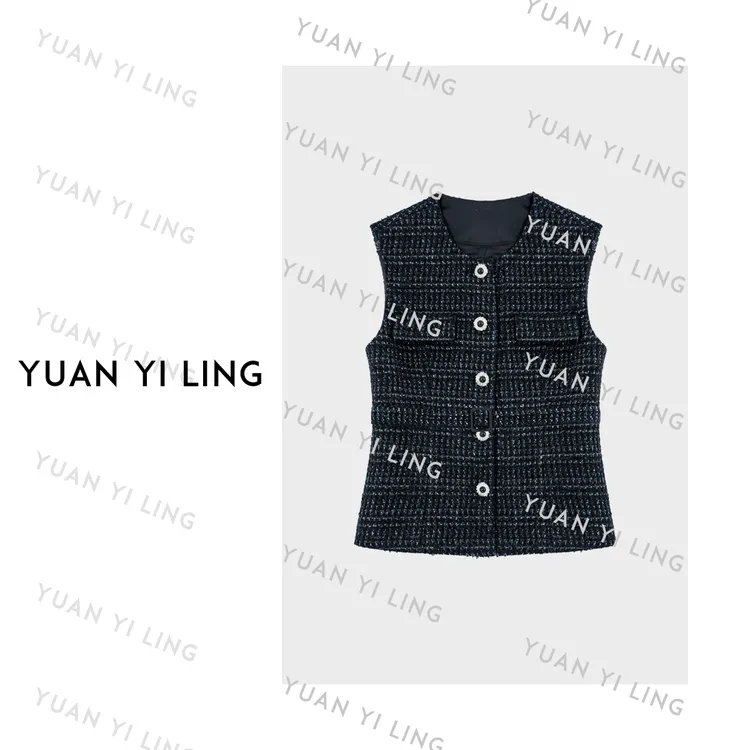袁艺灵【挪威日记】澳毛金银丝复古编织气质粗花呢小香风马甲7103