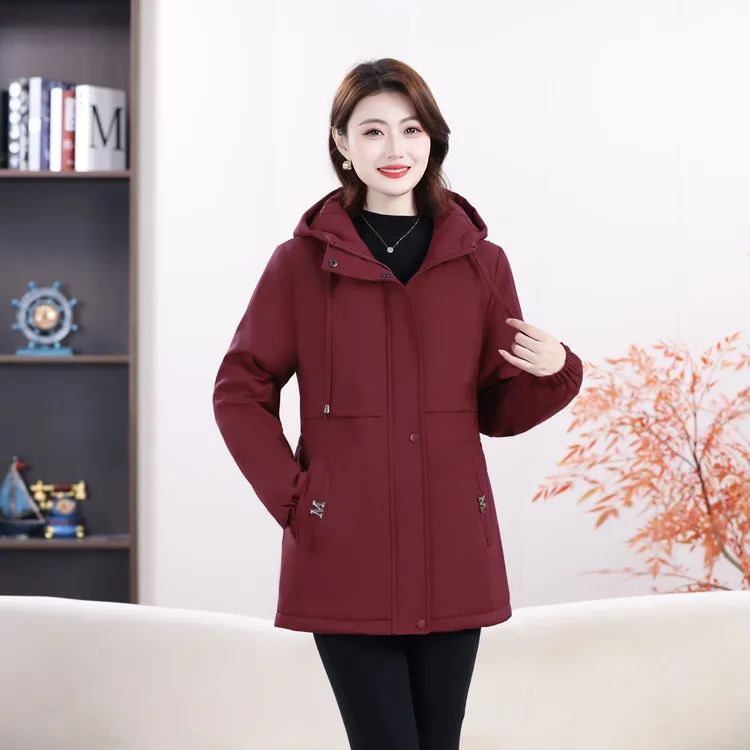 冬季中老年女士加绒加厚保暖风衣棉衣连帽开衫减龄显瘦棉服妈妈装