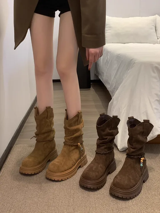 短靴女款2025新款秋冬复古时尚百搭废土风厚底增高堆堆靴子