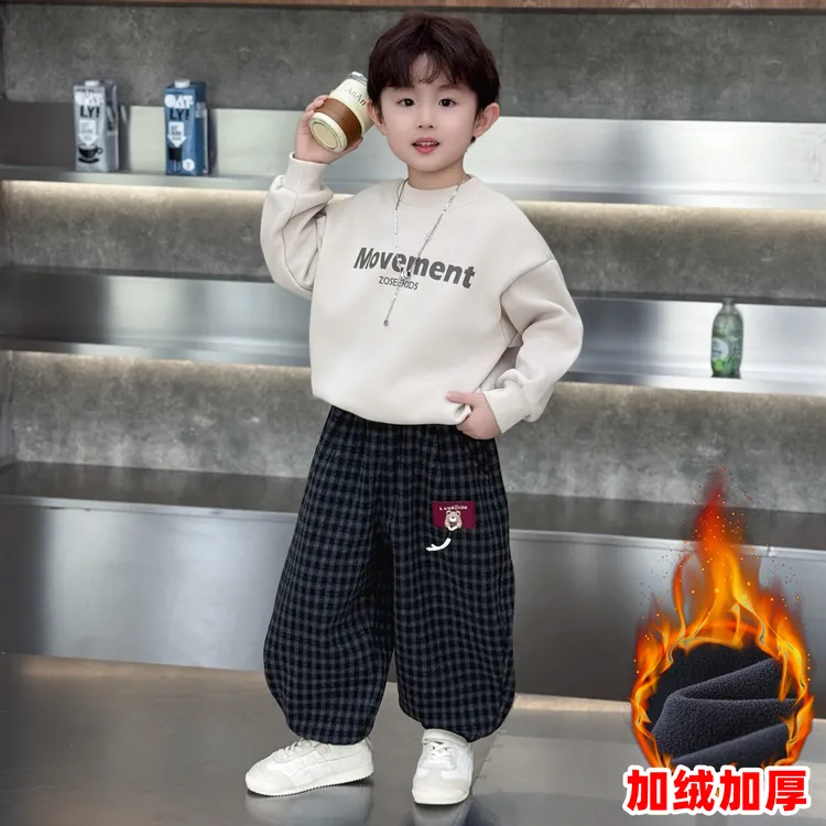 男童加绒裤子秋冬2025新款洋气儿童格子卫裤小男孩加厚休闲束脚裤