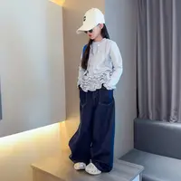 女童套装春秋2025秋季新款韩版假两件荷叶边开衫上衣牛仔裤两件套
