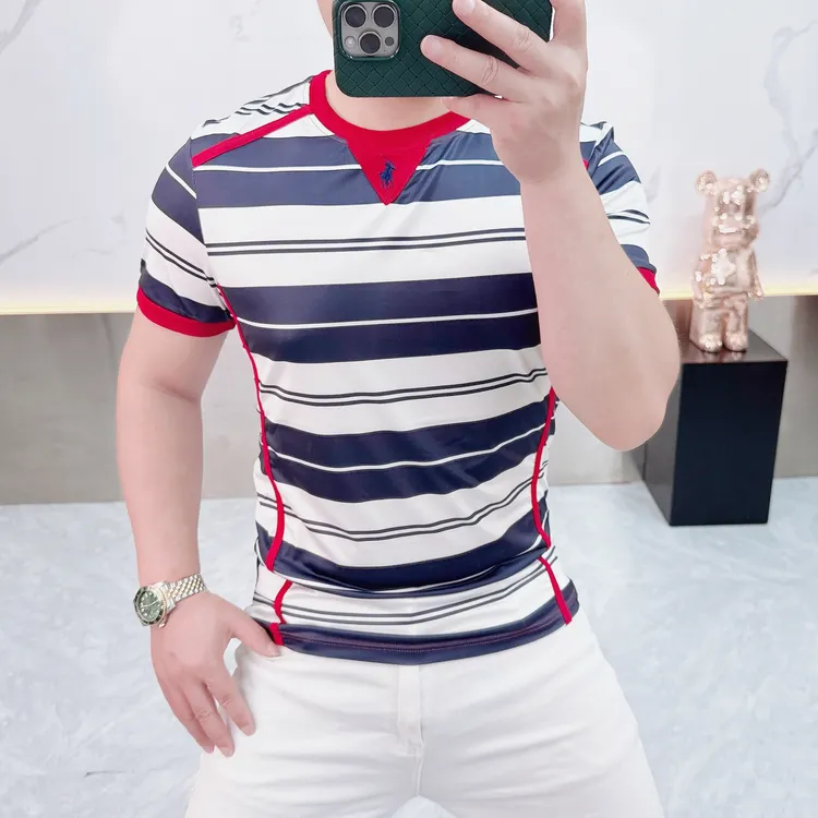 2025短袖夏季欧货条纹印花高品质休闲男士轻薄T恤t恤修身圆领