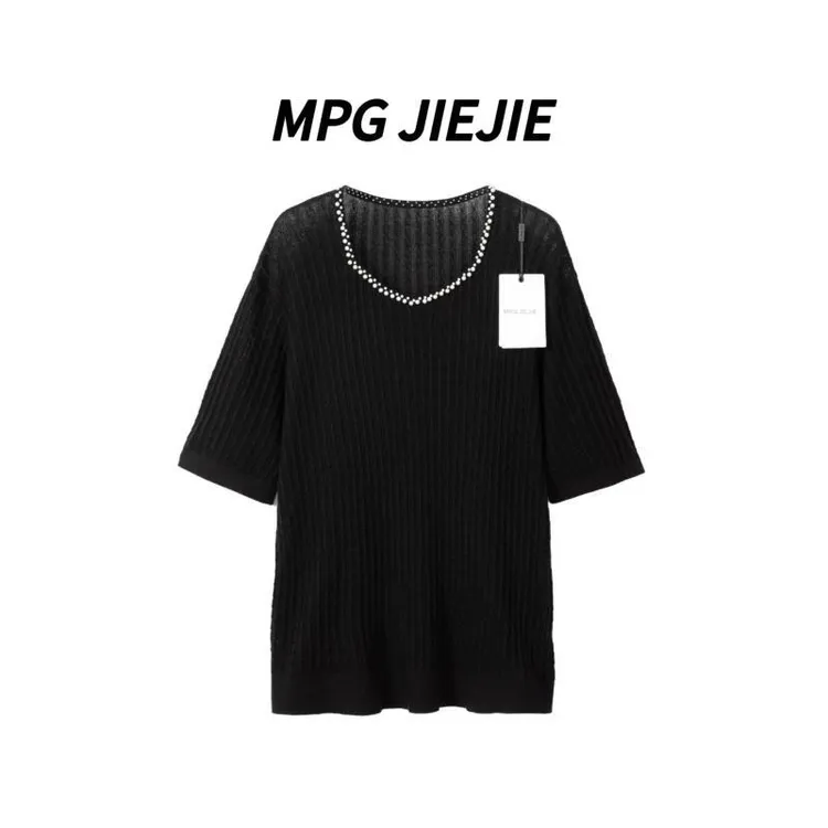 MPG JIEJIE【因为爱情】早秋大码正肩钉珠针织短袖上衣