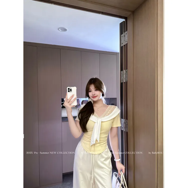 【现货】【甜蜜满格】温与柔蕾丝拼接海军领修身显瘦收腰多巴胺上衣