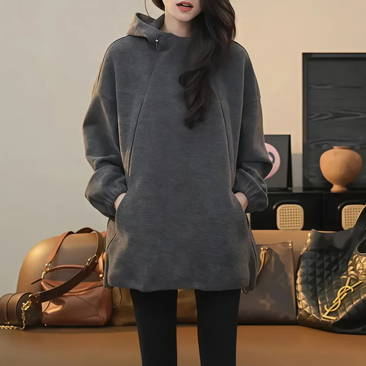 7176秋冬复古慵懒灰色高级感休闲卫衣新款宽松减龄上衣