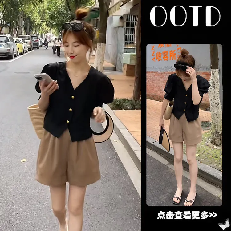 超火夏季穿搭一整套女2025新款V领泡泡袖短款上衣休闲短裤两件套