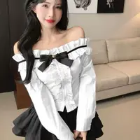 一字肩蝴蝶结衬衫上衣