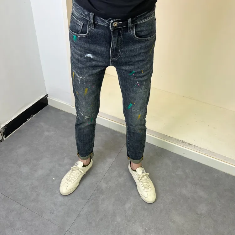 30012秋季新款蓝色泼墨假破洞修身小脚男牛仔裤时尚百搭潮流个性