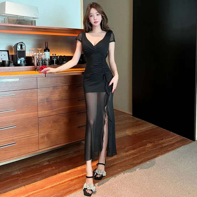 夜总会足浴工作服柔式技师按摩长裙流苏性感短袖网纱开叉连衣裙夏