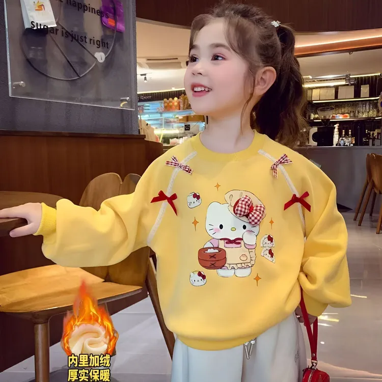 猫咪女童圆领加绒卫衣秋冬2025新款儿童韩版宽松套头衫小女孩上衣