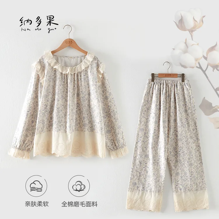 2025新款磨毛法式蕾丝花边圆领套装甜美家居服睡衣套装