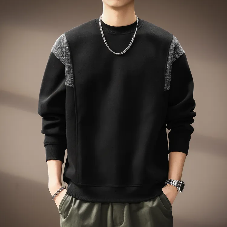 高端日系设计感撞色拼接重磅卫衣男秋季新款潮流宽松百搭圆领上衣