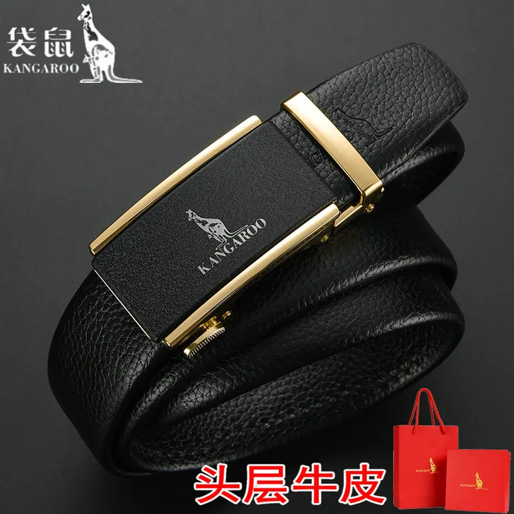 袋鼠百搭真皮腰带商务简约自动扣皮带中青年男款休闲男士时尚韩版