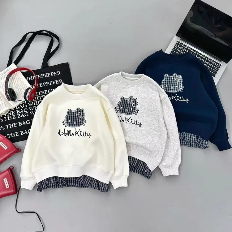 女童加绒休闲假两件卫衣2025秋冬季新款KT猫百搭拼接