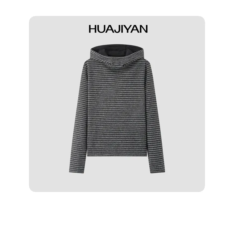 华吉言/HUAJIYAN【重楼】羊毛混纺撞色条纹立领连帽长袖上衣