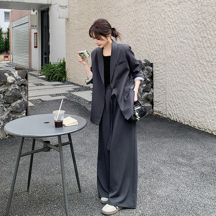 设计感绑带西装外套阔腿裤两件套女2025春新款高级感宽松休闲套装