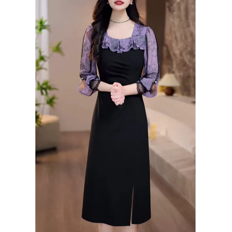 法式高端气质温柔假俩件连衣裙2025春季新款时尚洋气减龄中长裙子