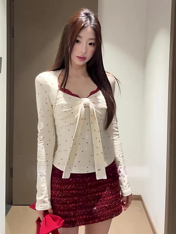 韩系甜辣风波点长袖t恤女秋季新款绑带打底衫修身显瘦v领内搭上衣