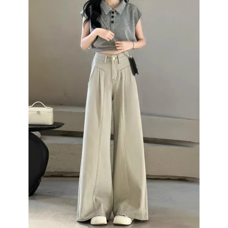 莫迪兰灰直筒阔腿牛仔裤女2025春夏高腰宽松显瘦垂感休闲拖地裤子