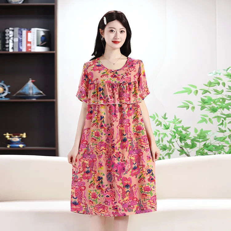 防凸点棉绸睡裙夏季女款2025新款大码短袖裙子中老年妈妈夏装睡衣