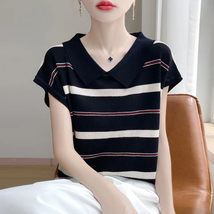 哥弟阿玛施正品夏季新款娃娃领百搭宽条纹薄款减龄时尚针织衫上衣