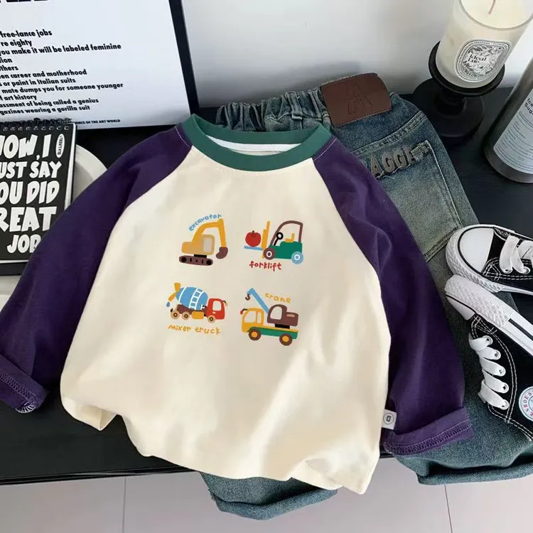 男童帅气纯棉长袖T恤2025秋季宝宝新款儿童卡通拼接袖打底衫潮流t