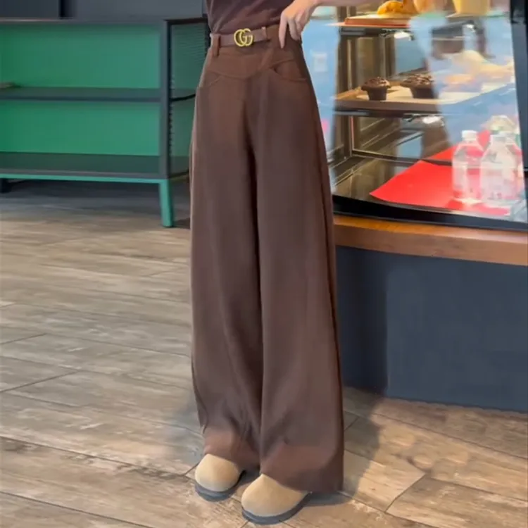 拉夏贝尔加绒加厚阔腿裤秋冬2025新款高腰直筒香蕉裤窄版休闲裤