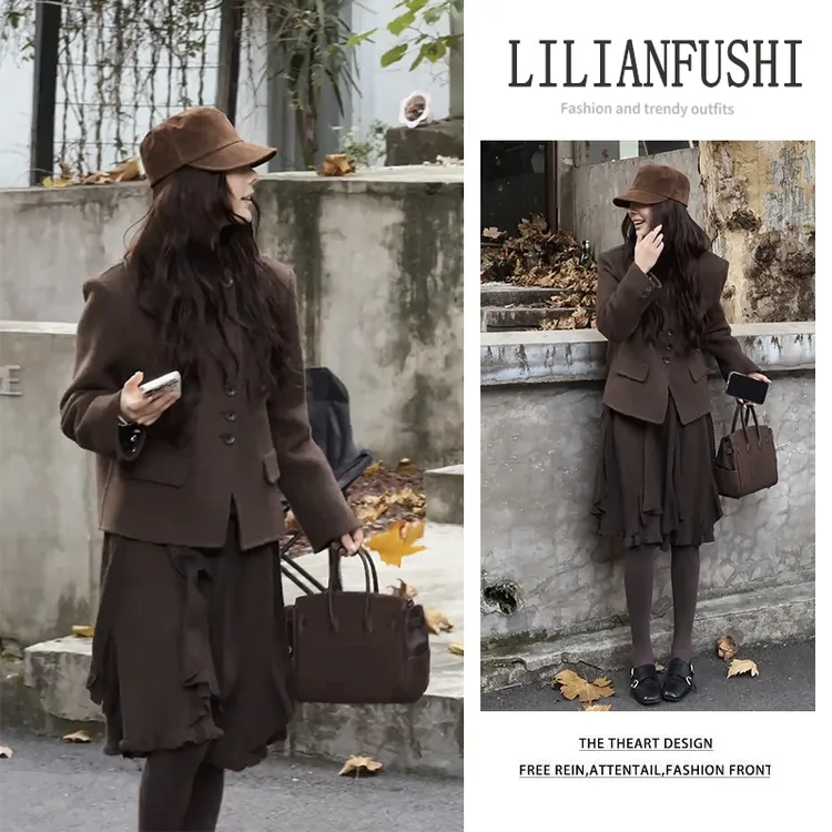 秋冬搭配一整套2025新款高级感宽松纯色长袖外套显瘦半身裙两件套