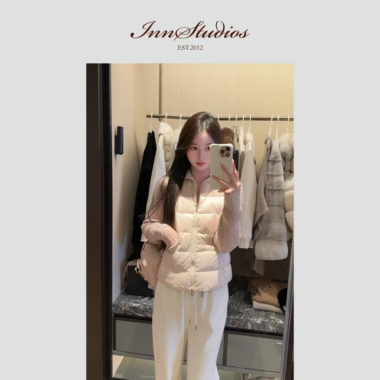 Innstudios 粉色拼接针织修身羽绒服外套