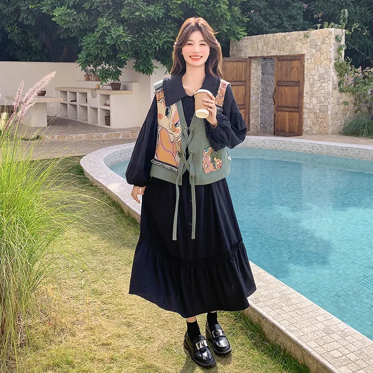 少女风卡通马甲连衣裙套装女2025秋季新款显瘦巨好看洋气绝美裙子