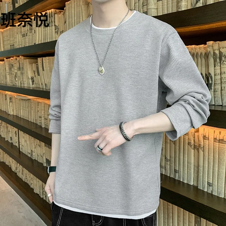 长袖t恤男士薄款夏季新款卫衣华夫格假两件打底衫上衣春装春秋