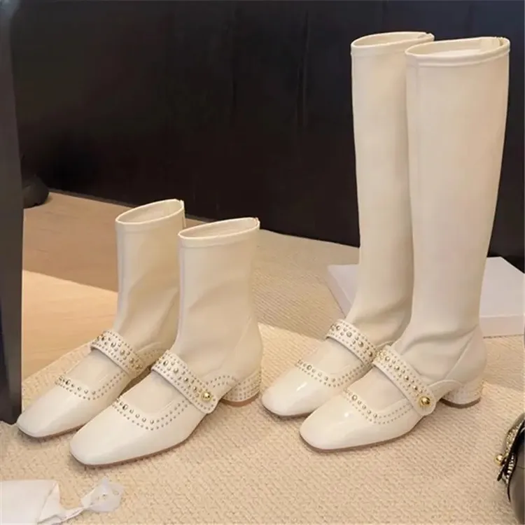 软皮~气质方头铆钉白色靴子高跟女秋冬新款粗跟长筒靴长筒靴