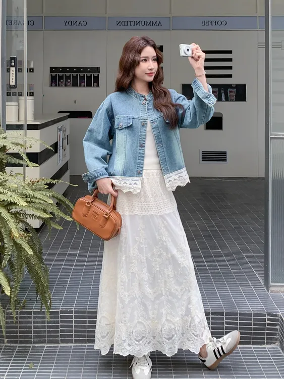 时尚牛仔外套套装裙女春秋季新款韩版高级感百搭蕾丝半身裙两件套