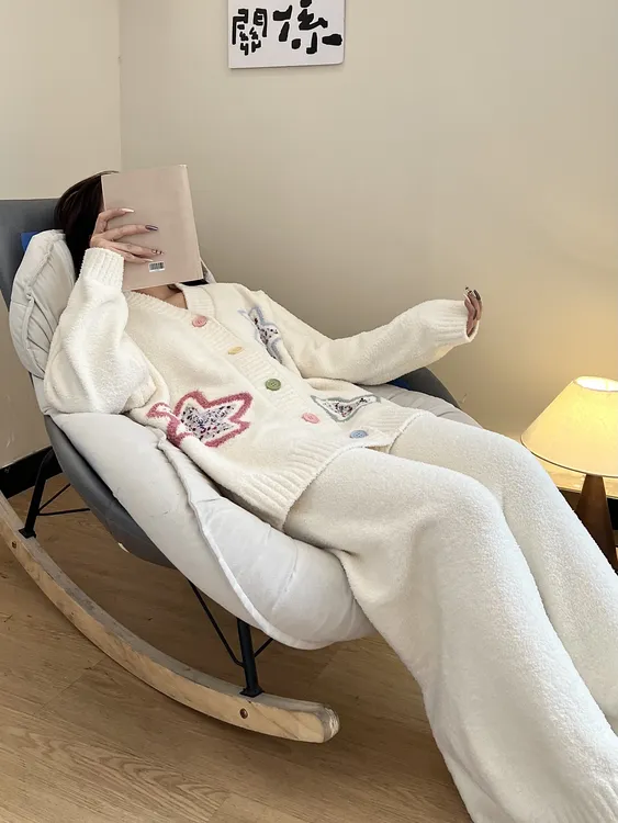 韩版星星高级半边绒保暖睡衣女秋冬季新款开衫针织外套家居服套装