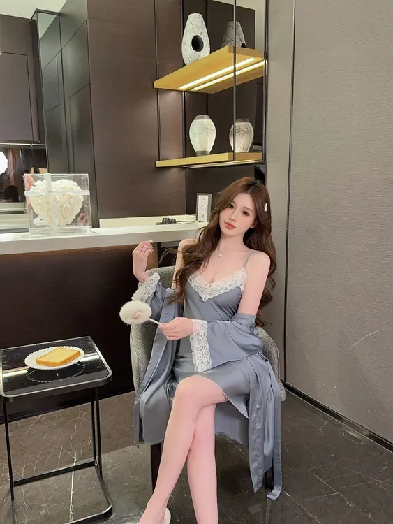 性感冰丝睡衣女春夏秋季吊带睡裙纯欲风居家睡袍两件套家居服2492